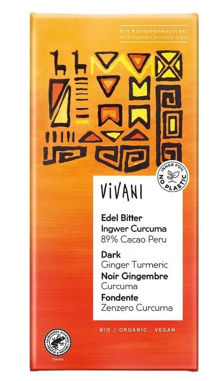 chocolate bio negro superior 89 per jengibre y c rcuma 80gr vivani