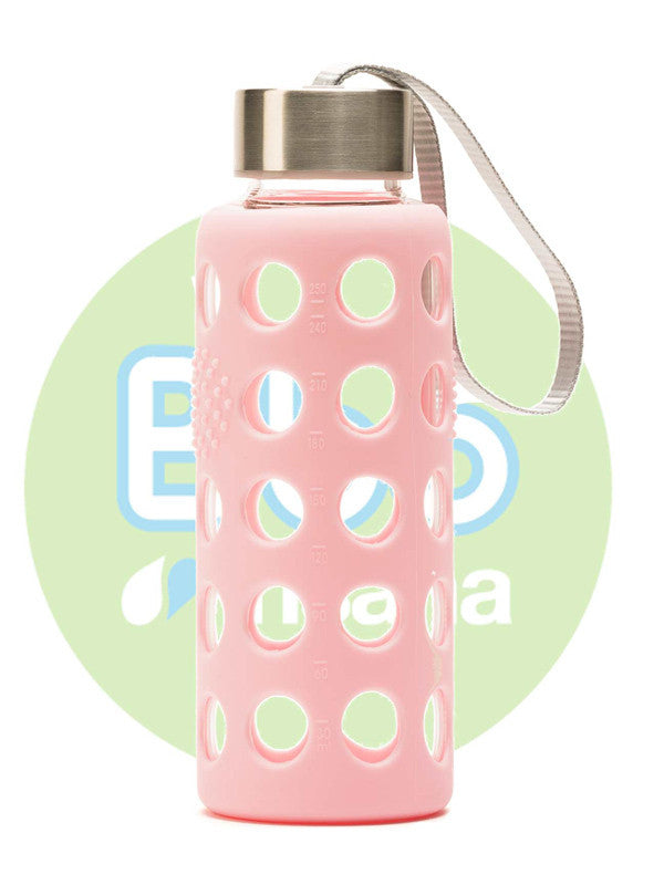 botella bbo rosa borosilicato con silicona 300 ml irisana