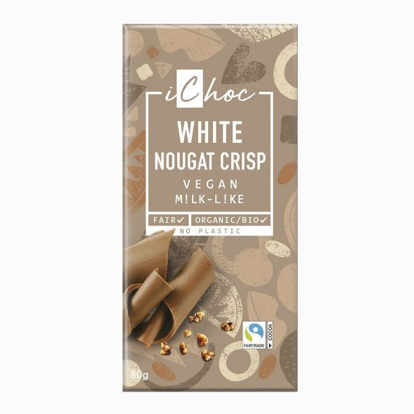 chocolate blanco vegano bio con pralin y crocante de avellana 80g ichoc